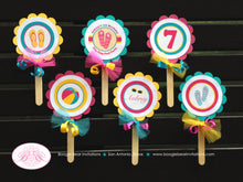 Load image into Gallery viewer, Flip Flop Pool Party Cupcake Toppers Birthday Pink Yellow Teal Blue Girl Swimming Beach Ball Splash Tag Boogie Bear Invitations Aubrey Theme