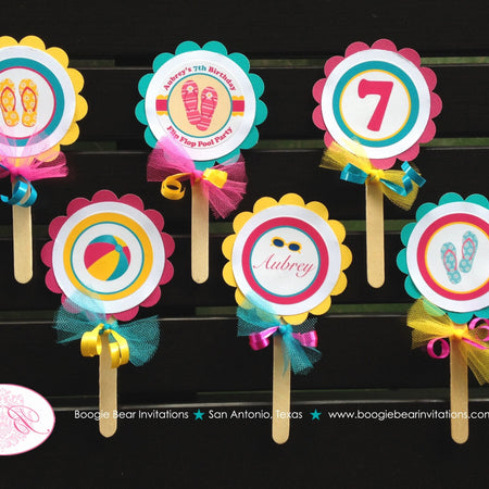 Flip Flop Pool Party Cupcake Toppers Birthday Pink Yellow Teal Blue Girl Swimming Beach Ball Splash Tag Boogie Bear Invitations Aubrey Theme