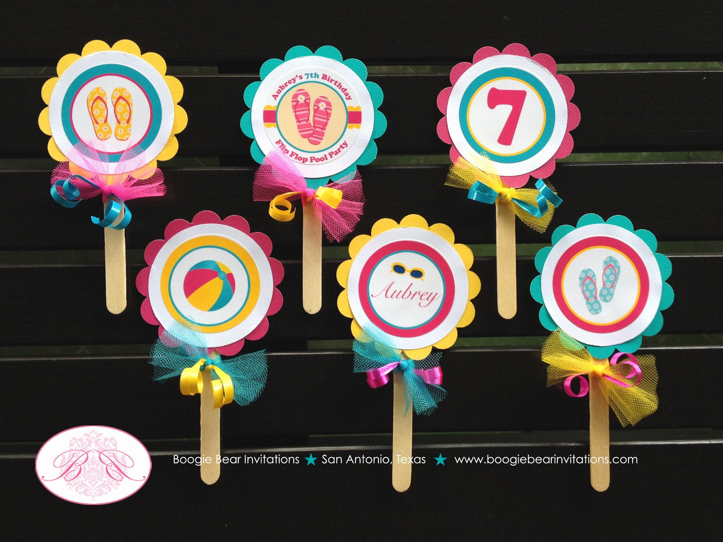 Flip Flop Pool Party Cupcake Toppers Birthday Pink Yellow Teal Blue Girl Swimming Beach Ball Splash Tag Boogie Bear Invitations Aubrey Theme