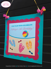 Load image into Gallery viewer, Flip Flop Pool Birthday Door Banner Party Pink Yellow Teal Blue Girl Swimming Beach Ball Splash Bash Boogie Bear Invitations Aubrey Theme