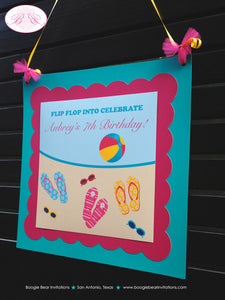 Flip Flop Pool Birthday Door Banner Party Pink Yellow Teal Blue Girl Swimming Beach Ball Splash Bash Boogie Bear Invitations Aubrey Theme