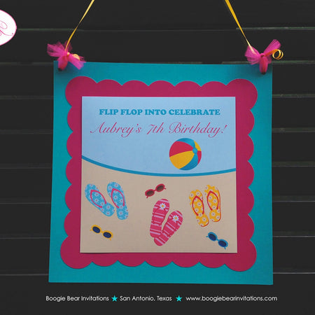 Flip Flop Pool Birthday Door Banner Party Pink Yellow Teal Blue Girl Swimming Beach Ball Splash Bash Boogie Bear Invitations Aubrey Theme
