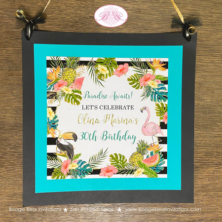 Tropical Paradise Party Door Banner Birthday Flamingo Toucan Watermelon Pineapple Black Gold Aqua Coral Boogie Bear Invitations Olina Theme