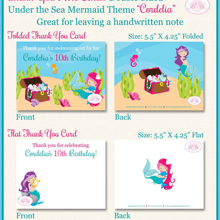 Pink Mermaid Party Thank You Card Birthday Pool Girl Swimming Under the Sea Swim Fish Ocean Boogie Bear Invitations Cordelia Theme Printed
