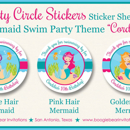Mermaid Swimming Birthday Party Stickers Circle Sheet Pool Ocean Under the Sea Splash Bash Swim Pink Boogie Bear Invitations Cordelia Theme