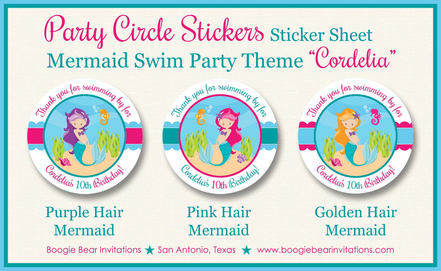 Mermaid Swimming Birthday Party Stickers Circle Sheet Pool Ocean Under the Sea Splash Bash Swim Pink Boogie Bear Invitations Cordelia Theme