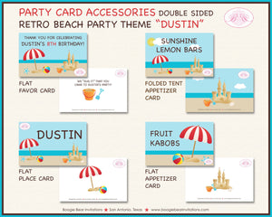 Retro Beach Birthday Party Favor Card Tent Place Appetizer Food Swimming Ocean Splash Boy Girl Boogie Bear Invitations Dustin Theme Printed