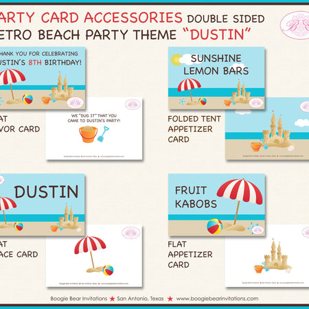 Retro Beach Birthday Party Favor Card Tent Place Appetizer Food Swimming Ocean Splash Boy Girl Boogie Bear Invitations Dustin Theme Printed