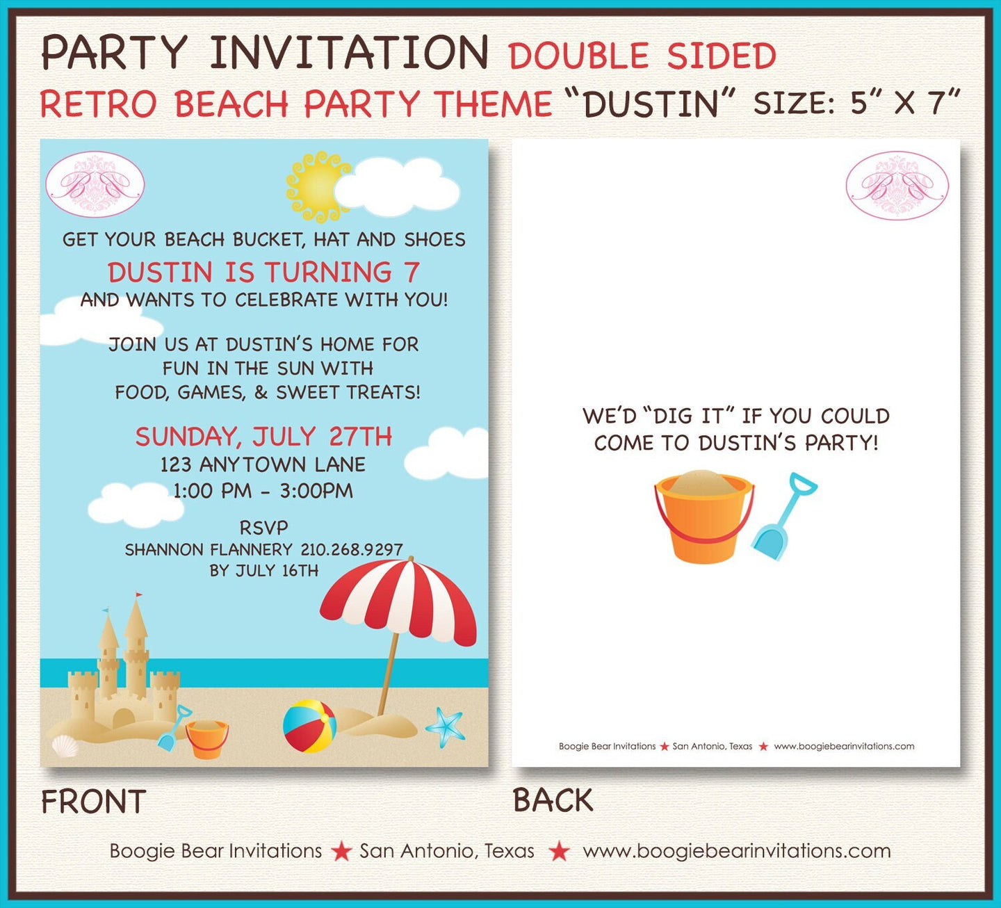 Retro Beach Birthday Party Invitation Swimming Ocean Pool Splash Girl Boy Boogie Bear Invitations Paperless Printable Printed Dustin Theme