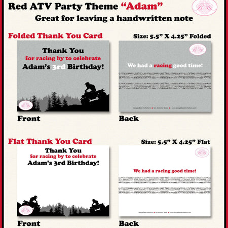 ATV Birthday Party Thank You Card Birthday Boy Girl Red Note All Terrain Vehicle Quad 4 Wheeler Boogie Bear Invitations Adam Theme Printed