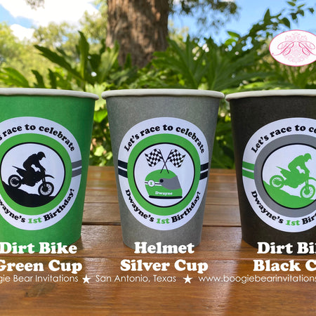 Green Dirt Bike Birthday Party Beverage Cups Paper Drink Black Silver Black Racing Motocross Enduro Cup Boogie Bear Invitations Dwayne Theme