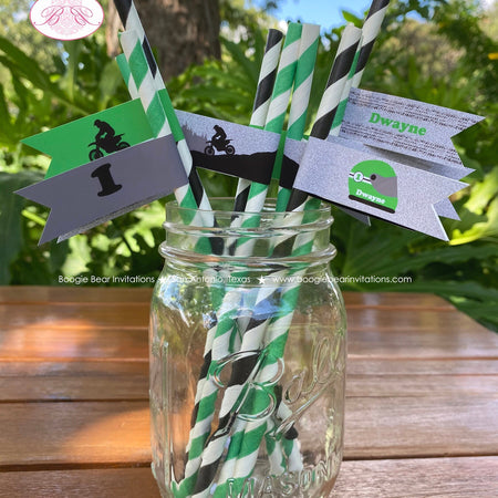 Green Dirt Bike Birthday Party Straws Pennant Paper Drink Black Silver Black Racing Motocross Enduro Boogie Bear Invitations Dwayne Theme