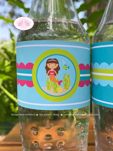 Pink Mermaid Birthday Party Bottle Wraps Wrapper Cover Label Swimming Pool Ocean Under Sea Aqua Lime Boogie Bear Invitations Adella Theme