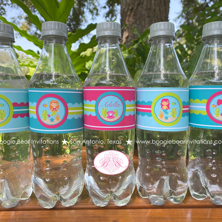 Pink Mermaid Birthday Party Bottle Wraps Wrapper Cover Label Swimming Pool Ocean Under Sea Aqua Lime Boogie Bear Invitations Adella Theme