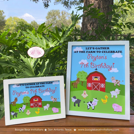 Farm Animals Birthday Party Sign Poster Girl Boy Red Barn Summer Country Petting Zoo Cow Pig Horse Duck Boogie Bear Invitations Peyton Theme
