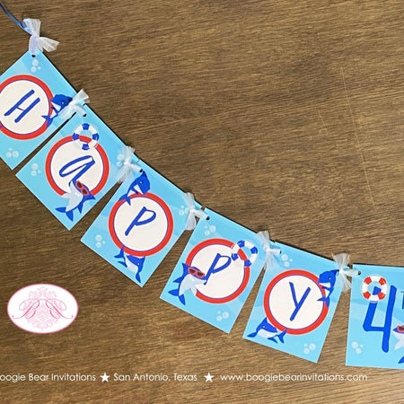 Shark Pool Happy Birthday Party Banner Swimming Ocean Surf Beach Swim Boy Splash Fish Fins Girl Red Blue Boogie Bear Invitations Mano Theme