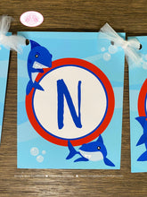 Load image into Gallery viewer, Shark Pool Birthday Party Name Banner Swimming Ocean Surf Beach Swim Boy Splash Fish Fins Girl Red Blue Boogie Bear Invitations Mano Theme