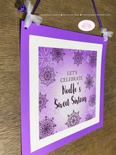 Load image into Gallery viewer, Purple Snowflake Birthday Party Door Banner Winter Star Snow Elegant Girl Christmas Sweet 16 Lavender Boogie Bear Invitations Noelle Theme