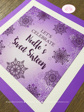 Load image into Gallery viewer, Purple Snowflake Birthday Party Door Banner Winter Star Snow Elegant Girl Christmas Sweet 16 Lavender Boogie Bear Invitations Noelle Theme