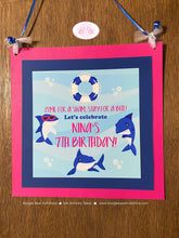 Load image into Gallery viewer, Pink Shark Pool Birthday Party Door Banner Swimming Ocean Surf Beach Swim Splash Bash Fish Fins Girl Blue Boogie Bear Invitations Nina Theme