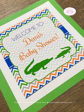 Load image into Gallery viewer, Alligator Crocodile Baby Shower Door Banner Party Birthday Gator Boy Girl Chevron Green Blue Orange White Boogie Bear Invitations Demi Theme