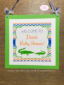 Alligator Crocodile Baby Shower Door Banner Party Birthday Gator Boy Girl Chevron Green Blue Orange White Boogie Bear Invitations Demi Theme