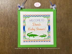 Alligator Crocodile Baby Shower Door Banner Party Birthday Gator Boy Girl Chevron Green Blue Orange White Boogie Bear Invitations Demi Theme