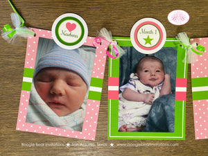 Lucky Charm Pink Photo Timeline Banner Happy 1st Birthday Party St. Patrick's Day Girl 4 Leaf Clover Boogie Bear Invitations Eileen Theme