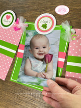 Load image into Gallery viewer, Lucky Charm Pink Photo Timeline Banner Happy 1st Birthday Party St. Patrick&#39;s Day Girl 4 Leaf Clover Boogie Bear Invitations Eileen Theme