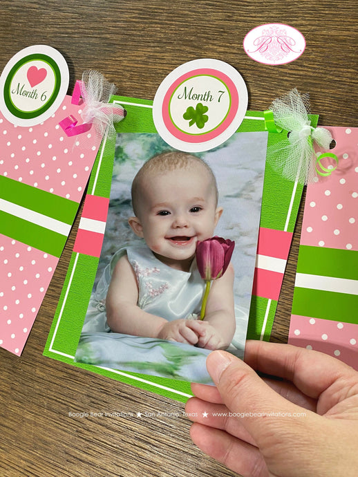 Lucky Charm Pink Photo Timeline Banner Happy 1st Birthday Party St. Patrick's Day Girl 4 Leaf Clover Boogie Bear Invitations Eileen Theme