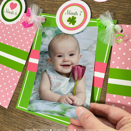 Lucky Charm Pink Photo Timeline Banner Happy 1st Birthday Party St. Patrick's Day Girl 4 Leaf Clover Boogie Bear Invitations Eileen Theme