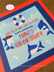 Shark Pool Birthday Party Door Banner Swimming Ocean Surf Beach Swim Splash Bash Fish Fins Red Blue Chomp Boogie Bear Invitations Mano Theme
