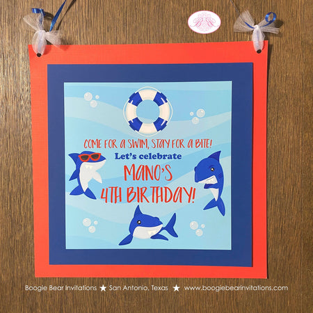 Shark Pool Birthday Party Door Banner Swimming Ocean Surf Beach Swim Splash Bash Fish Fins Red Blue Chomp Boogie Bear Invitations Mano Theme
