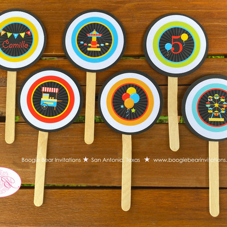 Amusement Park Party Cupcake Toppers Birthday Girl Boy Ride Ferris Wheel Balloons Circus Ferris Wheel Boogie Bear Invitations Camillo Theme