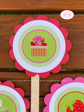 Load image into Gallery viewer, Pink Strawberry Birthday Party Cupcake Toppers Girl Garden Green Picking Red Berry Vine Sweet Picnic Boogie Bear Invitations Felicity Theme