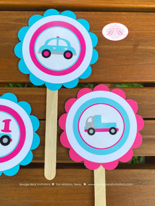 Pink Cars Trucks Party Cupcake Toppers Birthday Girl Aqua Blue Black Little Traffic Road Trip Vacation Boogie Bear Invitations Sally Theme