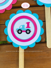 Load image into Gallery viewer, Pink Cars Trucks Party Cupcake Toppers Birthday Girl Aqua Blue Black Little Traffic Road Trip Vacation Boogie Bear Invitations Sally Theme