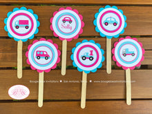 Load image into Gallery viewer, Pink Cars Trucks Party Cupcake Toppers Birthday Girl Aqua Blue Black Little Traffic Road Trip Vacation Boogie Bear Invitations Sally Theme