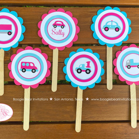 Pink Cars Trucks Party Cupcake Toppers Birthday Girl Aqua Blue Black Little Traffic Road Trip Vacation Boogie Bear Invitations Sally Theme