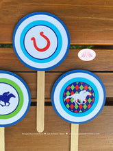 Load image into Gallery viewer, Horse Racing Party Cupcake Toppers Birthday Derby Argyle Jockey Equestrian Red Green Blue Boy Girl Sport Boogie Bear Invitations Tommy Theme
