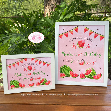 Red Watermelon Birthday Party Sign Poster Girl Boy One In a Melon Two Sweet Green Summer Kids Boogie Bear Invitations Marlene Theme