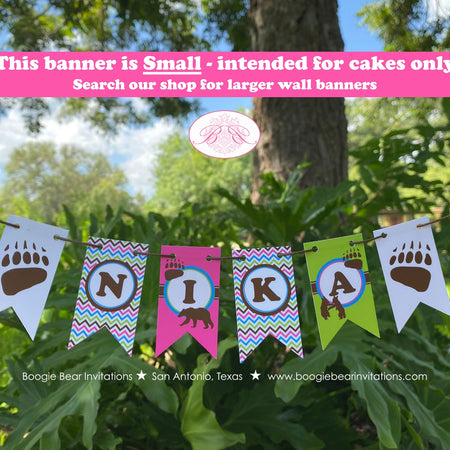 Grizzly Bear Party Pennant Cake Banner Topper Birthday Pink Forest Chevron Blue Green Girl Paw Trail Wild Boogie Bear Invitations Nika Theme