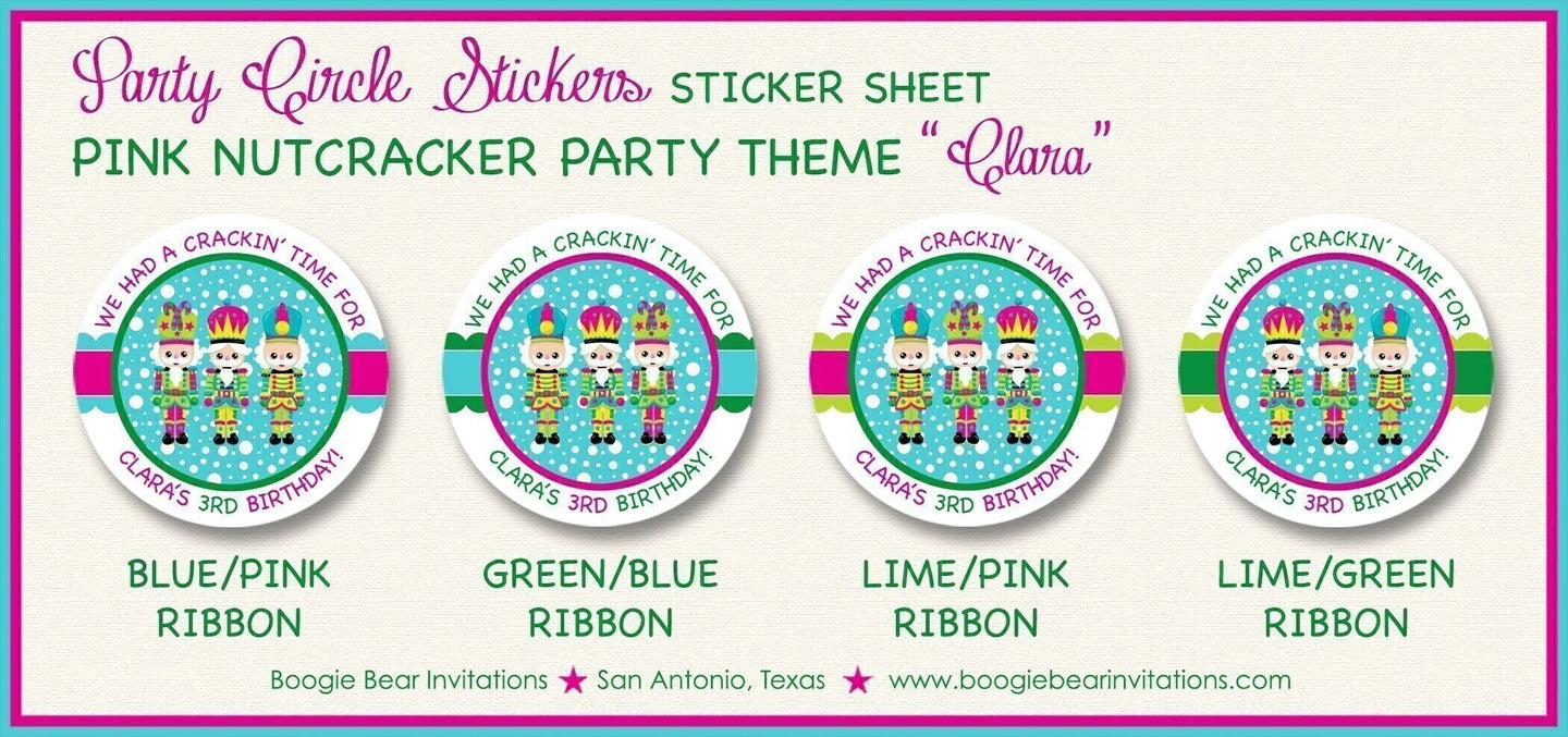 Nutcracker Party Stickers Circle Sheet Birthday Winter Christmas Pink Green Blue Girl Snowflake Ballet Boogie Bear Invitations Clara Theme
