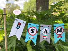 Load image into Gallery viewer, Cars Trucks Party Pennant Cake Banner Topper Birthday Girl Boy Road Trip Traffic Street Stop Light Travel Boogie Bear Invitations Sam Theme