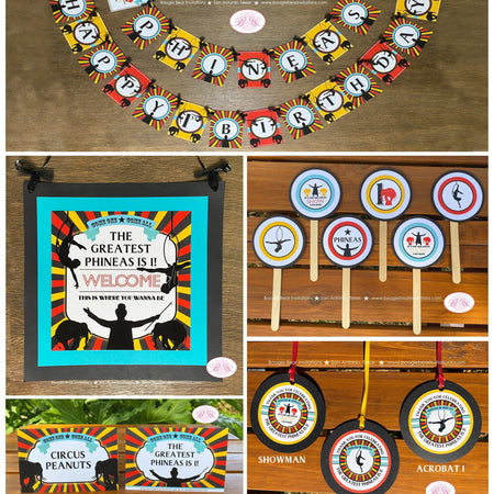 Circus Showman Party Package Birthday Door Banner Favor Greatest Show on Earth Big Top Animals Trapeze Boogie Bear Invitations Phineas Theme