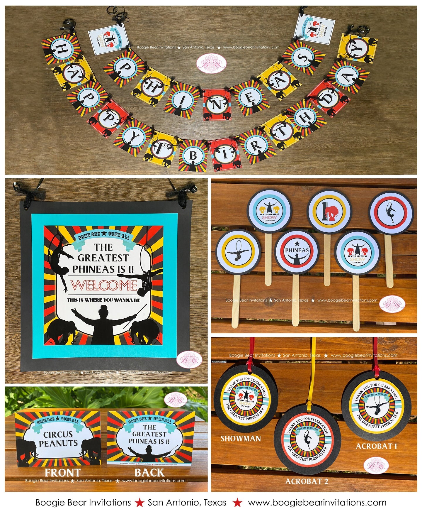 Circus Showman Party Package Birthday Door Banner Favor Greatest Show on Earth Big Top Animals Trapeze Boogie Bear Invitations Phineas Theme