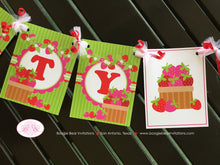 Load image into Gallery viewer, Pink Strawberry Party Name Banner Birthday Red White Green Sweet Girl Stripe Berry Summer Fruit Crate Boogie Bear Invitations Felicity Theme
