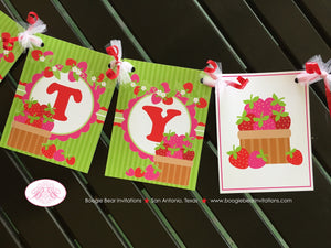 Pink Strawberry Party Name Banner Birthday Red White Green Sweet Girl Stripe Berry Summer Fruit Crate Boogie Bear Invitations Felicity Theme