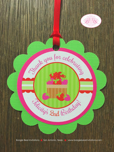 Pink Strawberry Birthday Party Favor Tags Red White Green Sweet Girl Stripe Summer Vine Crate Picking Boogie Bear Invitations Felicity Theme