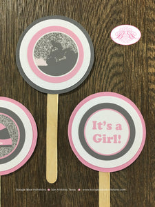 Pink ATV Baby Shower Cupcake Toppers Set Party Grey Gray Silver Glitter Girl Checkered Flag Stripe Quad Boogie Bear Invitations Adelle Theme